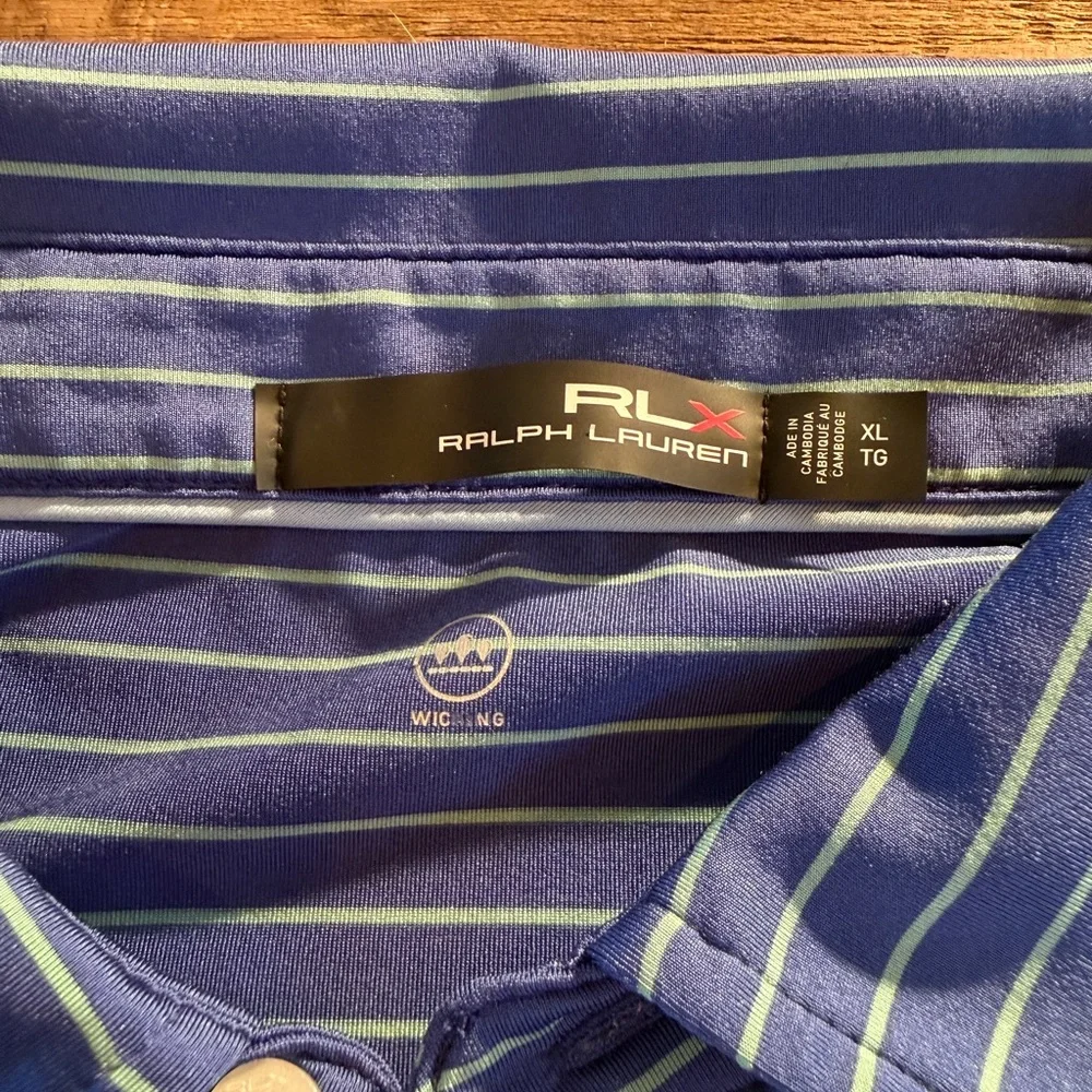 RLX Ralph Lauren Men's XL Blue Striped Golf Polo Shirt Moisture Wicking